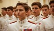 A group of young military cadets in uniform standing in formation, exuding discipline and focus during a ceremonial event.