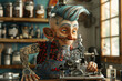 Blue-haired tattooed character at coffee machine, steampunk style