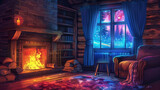 Fototapeta Big Ben - A dark, cozy cabin interior with a colorful, crackling fireplace