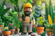 Gardener character holding pruning shears among potted plants