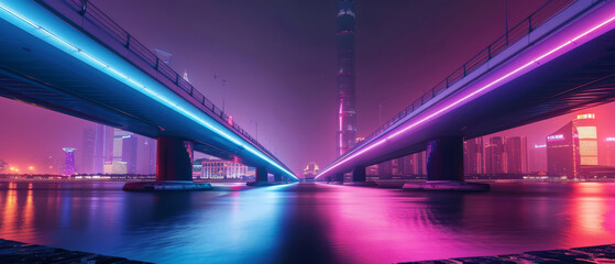 A sleek, dark bridge spanning a river, lit by colorful, architectural lighting