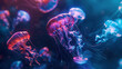 An abstract, dark ocean with vibrant, glowing jellyfish gracefully floating