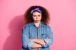 Photo of moody unhappy lady dressed denim outfit arms folded looking you isolated pink color background