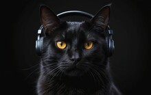 Felidae Cat With Headphones In Darkness, Listening With Its Sensitive Ears