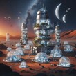 Space colony on an alien planet. Space expansion concept. Human settlement. Human colonization. Self-sufficient with self-grown food plants. Proof of life in space. Generative AI