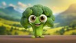 3D broccoli funny cartoon character with eyes on white background