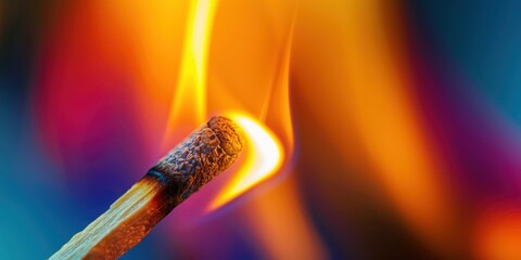 Intense close-up of a matchstick with a dynamic flame against a colorful background.