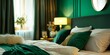 Golden Emerald Green Interior - Green and Gold Bed Room Backdrop - Beautiful Bright Bed Room Indoor Background - Emerald Golden Bed Room Design created with Generative AI Technology