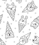 Fototapeta Dinusie - Black and white cute cartoon faces animals in waffle cones in contour. Yummy ice cream. Seamless pattern design