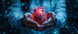 Doctor hands holding red heart. Symbol of heart health care. Cardiovascular disease treatment.