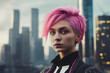 melancholic cyber punk girl model pink hair grief fear emotional in big city