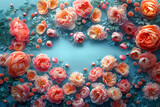 Fototapeta Koty - Pink orange roses flower on blue background with copy space for greeting message. Mother's Day, birthday and spring background. Floral frame for congratulations. Beautiful floral design of red rose