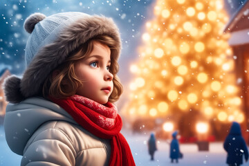 Sticker - A young girl is standing in front of a Christmas tree, wearing a red scarf and a white hat. The scene is set in a snowy environment, with a few other people in the background