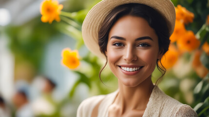 Poster - A woman wearing a straw hat and smiling. She is surrounded by orange flowers. Scene is cheerful and bright