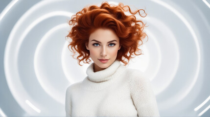 Poster - A woman with red hair and a white sweater poses for a photo. The photo is taken in a circular frame, which gives it a unique and artistic look. The woman's red hair