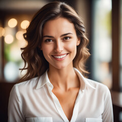 Poster - A woman with long brown hair and a white shirt is smiling. She is wearing a necklace and earrings