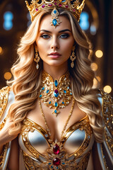 Sticker - A woman wearing a gold crown and necklace. She has long blonde hair and is wearing a gold and blue outfit