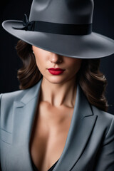 Poster - A woman wearing a hat and a black suit. She is wearing a red lipstick