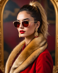 Poster - A woman wearing a red coat and a fur stole with a pair of earrings and sunglasses. She is posing for a picture