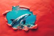 Artistic rendering of a lively dolphin amidst a sea ecosystem, breaking free from a constraining red paper cutout
