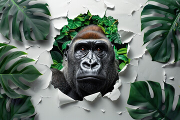 Top-down creative image showing a gorilla encircled by Monstera and palm leaves, symbolizing nature and wildlife