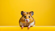 Hamster is sitting on yellow background looking at something with its beady eyes.