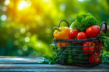 Sticker - Basket full of fresh vegetables including peppers tomatoes and broccoli.