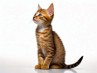 Poster - Small kitten with blue eyes sits on white surface looking upwards.