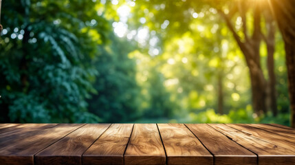 Canvas Print - Wooden bench is in front of green forest.