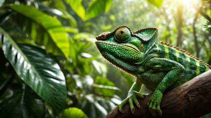 Sticker - Green lizard is sitting on tree branch in the jungle.