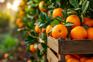 Canvas Print - Crate full of oranges is sitting in orange grove.