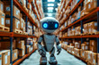 Small robot with blue eyes stands in warehouse.