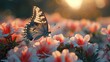 a beautiful butterfly flies over the beautiful pink flower, beautiful garden. Generated AI.