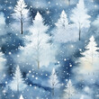 Watercolor seamless pattern with snowy trees on blue background.