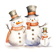 Watercolor illustration of snowman family with carrot noses isolated on white background