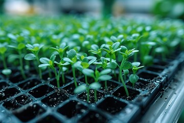 A close-up shot of green grass seedlings growing in a black plastic tray in a laboratory