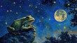 Against the backdrop of a starry night sky, a frog serenades the moon with its melodic croaks, a nocturnal symphony echoing through the darkness.