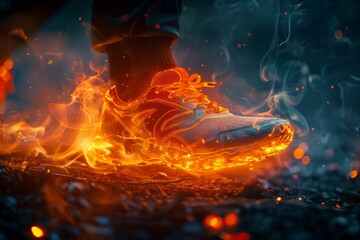 Running shoes ablaze on dark background