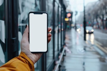 A hand holding a smartphone with a white mockup screen at a bus stop