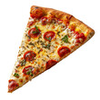 Porcion de pizza con peperoni, queso mozzarella y albahaca sobre fondo blanco
