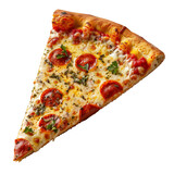 Fototapeta Nowy Jork - Porcion de pizza con peperoni, queso mozzarella y albahaca sobre fondo blanco