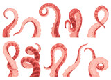 Fototapeta Miasto - Octopus tentacles or sea squid icon set. Spooky marine monster arm on white background. cartoon underwater animal