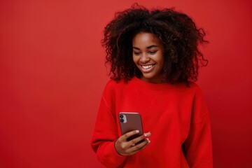 Beautiful young smiling woman of african beauty looks at phone wearing red sweatshirt isolated on red background