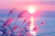 Little grass stem close-up with sunset over calm sea, sun going down over horizon. Pink and purple pastel watercolor soft tones. Beautiful nature background. Vertical portion