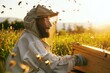 Man beekeeper, wearing protective suit, looking happy, sun lit meadow with flying bees around