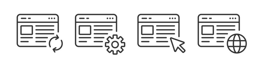 Browser icon. Website interface vector. Web site setting, search, reload, global.