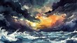 Watercolor panorama of a dramatic sunset over churning ocean waves, where dark clouds part to reveal a fiery sky reflecting off the sea's surface.