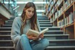 Young woman reading book while sitting on stairs in college library. Education concept