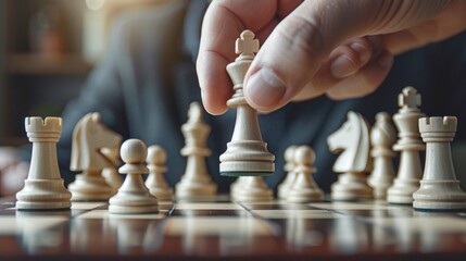 Close up photo of a man's hand moving a white chess piece