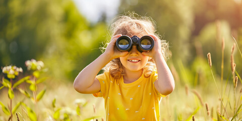 Cute little child looking through binoculars on sunny summer day. Young kid exploring nature. Family time outdoors, active leisure for children.